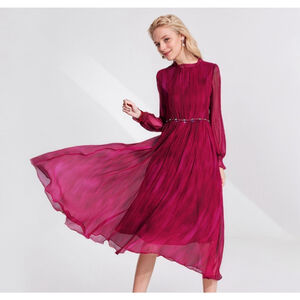 Red 100% Silk Dress Flared Sleeves For Wedding Guest Size L Burgundy Sk1